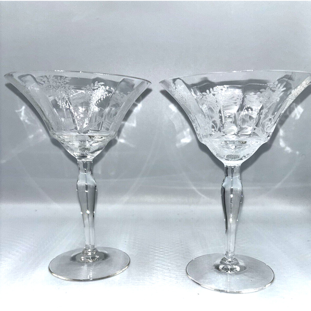 2 Champagne Coupes Sherbet Glasses Margantown Mayfair Cordial Floral Etched
